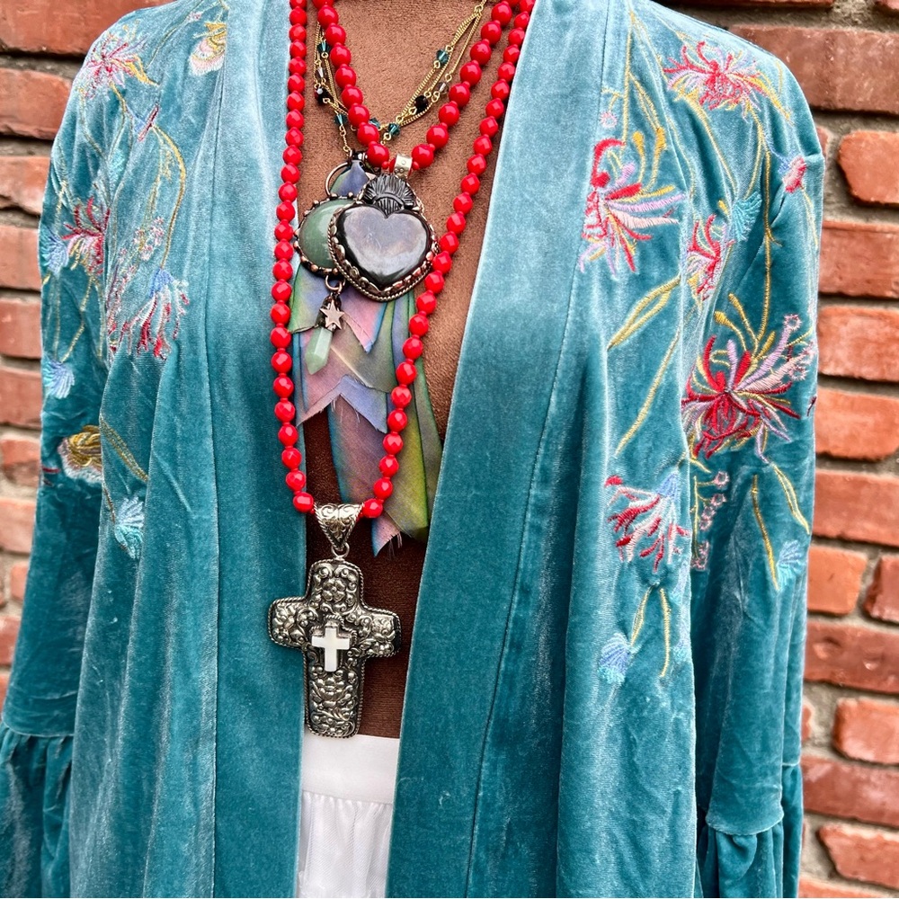 Embroidered Velvet Bell Sleeve Boho Kimono Cardigan - Picture 8 of 10